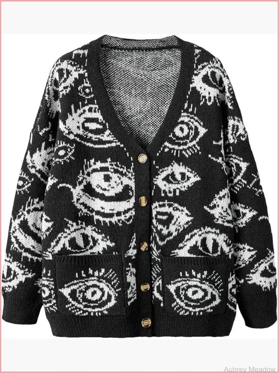 Sweaters - Oversized Graphic Button Down Cardigan Women V Neck Drop Shoulder